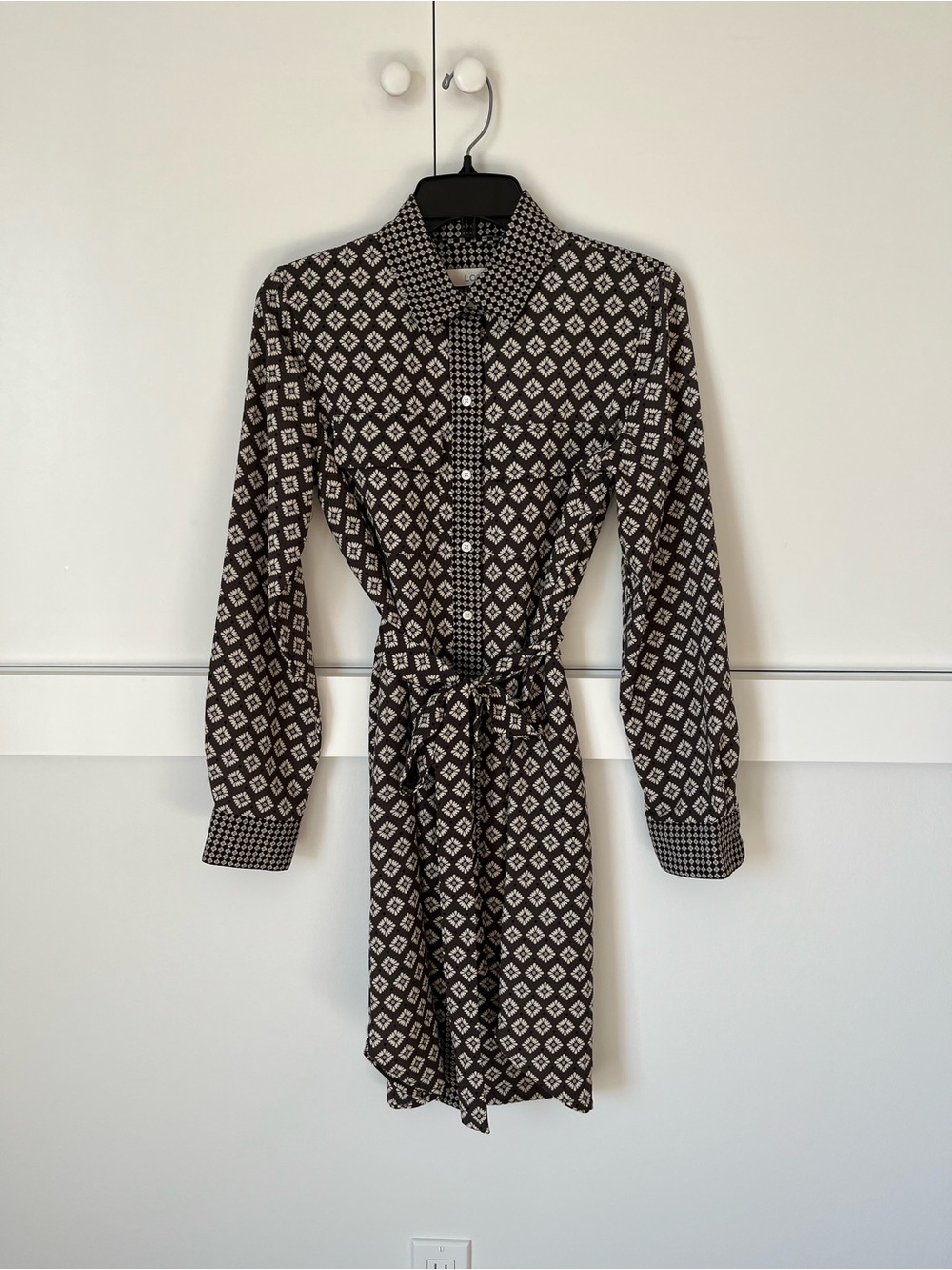 LOFT Black and White Printed Long-Sleeve Shirt Dress